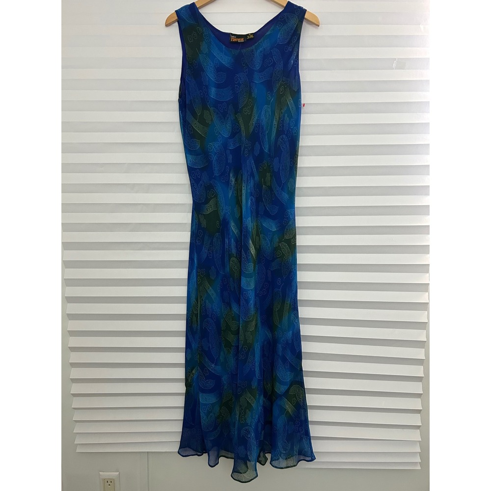 Indian Tropical Fashion Blue Green Rayon Maxi Dress Sleeveless Floral XL Sheer